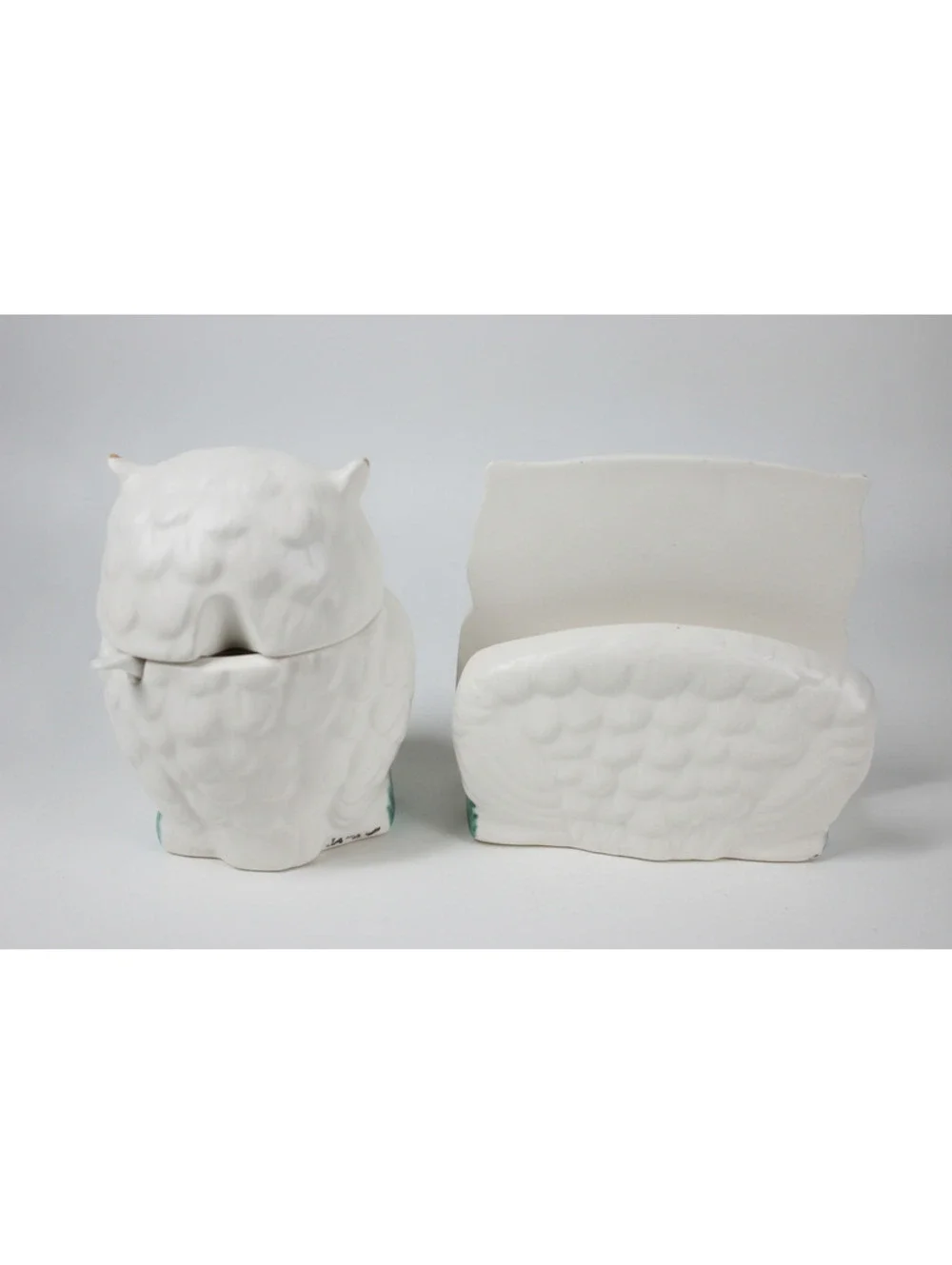 Vintage Set of Enesco Japanese Owls White Ceramic Condiment Bowl & Napkin Holder